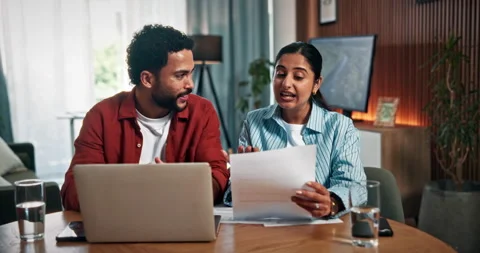 Happy, documents and couple on laptop for finance review, budget planning and Stock Footage 330156463