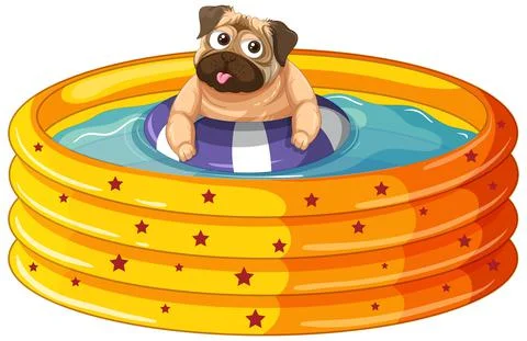 A Happy dog with rubber ring in Inflatable pool on white background Stock Illustration