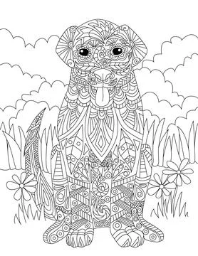 Happy Dog Sitting Facing Forward With Tall Grass Background Colorless Line Stock Illustration