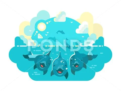 Happy dolphins swim and jump Stock Illustration