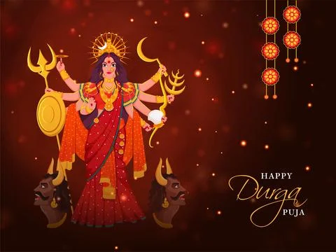 Happy Durga Puja Celebration Background with Hindu Mythology Goddess Durga .. Stock Illustration