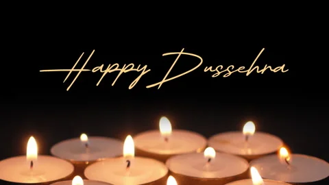 Happy Dussehra handwritten text animation with decorative candle lights Stock Footage 345664011