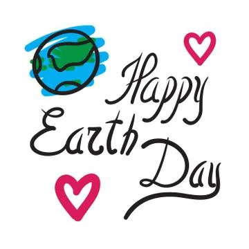 Happy Earth Day vector hand drawn illustration. Blue lines on white backgroun Stock Illustration