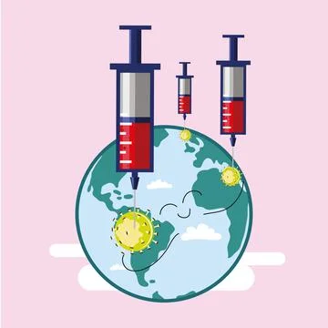 Happy earth globe being protected with vaccines Vaccination Vector Stock Illustration