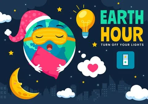 Happy Earth Hour Day Vector Illustration Featuring a Cloud, Light Bulb, Wor.. Stock Illustration