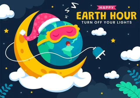 Happy Earth Hour Day Vector Illustration Featuring a Cloud, Light Bulb, Wor.. Stock Illustration