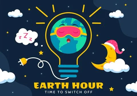 Happy Earth Hour Day Vector Illustration Featuring a Cloud, Light Bulb, Wor.. Stock Illustration