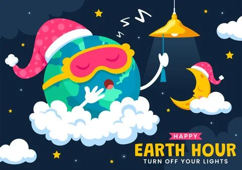 Happy Earth Hour Day Vector Illustration Featuring a Cloud, Light Bulb, Wor.. Stock Illustration