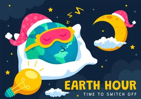 Happy Earth Hour Day Vector Illustration Featuring a Cloud, Light Bulb, Wor.. Stock Illustration