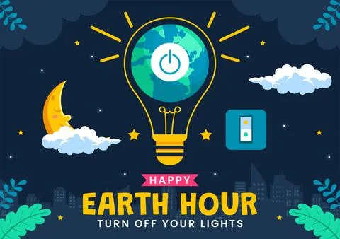Happy Earth Hour Day Vector Illustration Featuring a Cloud, Light Bulb, Wor.. Stock Illustration