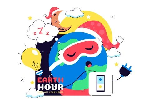 Happy Earth Hour Day Vector Illustration Featuring Cloud, Light Bulb, World.. Stock Illustration