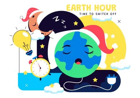 Happy Earth Hour Day Vector Illustration Featuring Cloud, Light Bulb, World.. Stock Illustration