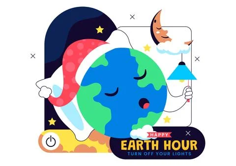 Happy Earth Hour Day Vector Illustration Featuring Cloud, Light Bulb, World.. Stock Illustration
