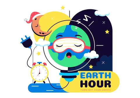 Happy Earth Hour Day Vector Illustration Featuring Cloud, Light Bulb, World.. Stock Illustration