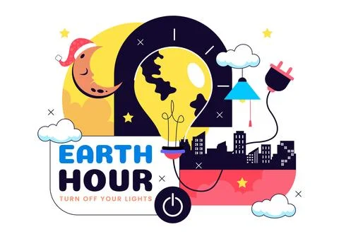 Happy Earth Hour Day Vector Illustration Featuring Cloud, Light Bulb, World.. Stock Illustration
