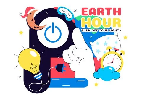 Happy Earth Hour Day Vector Illustration Featuring Cloud, Light Bulb, World.. Stock Illustration