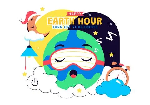 Happy Earth Hour Day Vector Illustration Featuring Cloud, Light Bulb, World.. Stock Illustration