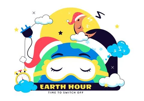 Happy Earth Hour Day Vector Illustration Featuring Cloud, Light Bulb, World.. Stock Illustration