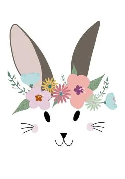Happy Easter 2021 illustration, Easter Bunny with Flowers isolated on white b Stock Illustration