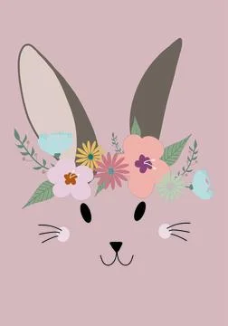 Happy Easter 2021 illustration, Easter Bunny with Flowers isolated on violet Stock Illustration