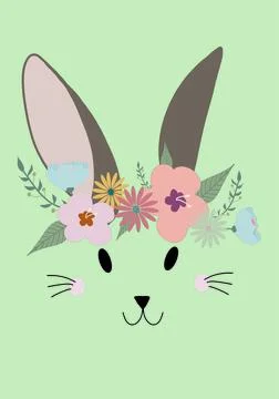 Happy Easter 2021 illustration, Easter Bunny with Flowers isolated on mint gr Stock Illustration