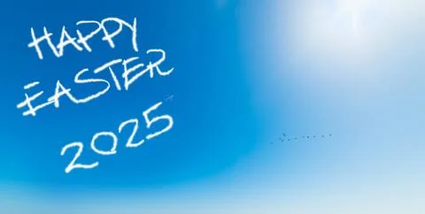 Happy Easter 2025 written in the blue sky 库存照片