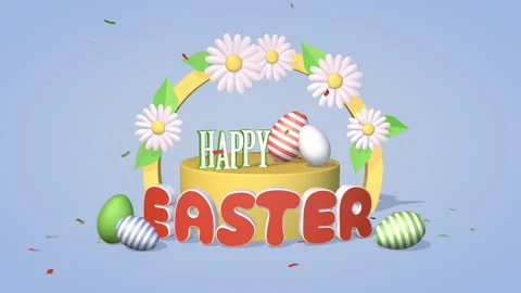 Happy Easter, 3D Animation with Easter eggs, flowers and confetti, motion Stock Footage 151414244