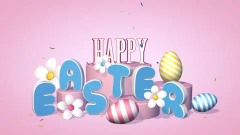 Happy Easter, 3D Animation with eggs, flowers and confetti, motion graphics Stock Footage 150964577
