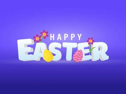 Happy Easter 3D Font with Printed Eggs and Flowers on Glossy Purple Backgroun Stock Illustration