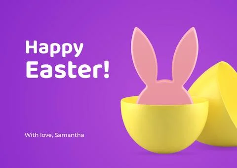 Happy Easter 3d greeting card bunny long ears hiding painted egg design tem.. Stockillustratie