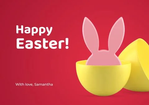 Happy Easter 3d greeting card bunny long ears hiding in painted egg half de.. 스톡 일러스트