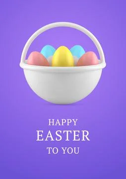 Happy Easter 3d greeting card basket full of painted chicken eggs design te.. Stock Illustration