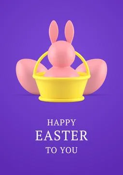 Happy Easter 3d greeting card bunny bauble in basket chicken eggs design te.. Stock Illustration