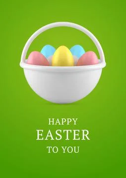 Happy Easter 3d greeting card basket full of colored painted chicken eggs d.. Stock Illustration
