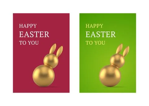Happy Easter 3d greeting card set premium bunny golden bauble design template Stock Illustration