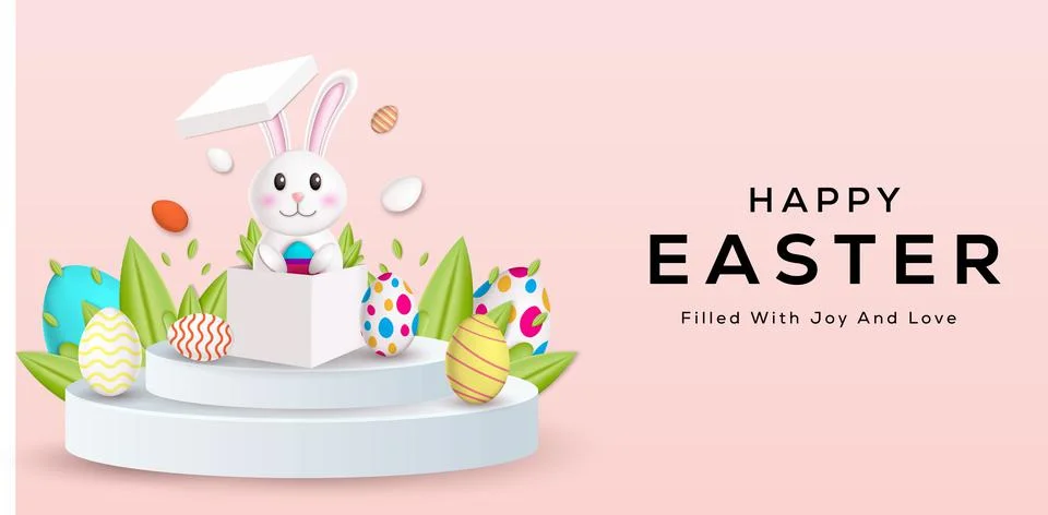 Happy easter 3d illustration with a rabbit show up from the box above the podium Stock Illustration