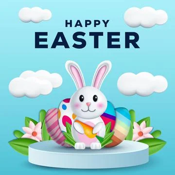 Happy easter 3d illustration with a rabbit holding carrot over podium Stock Illustration