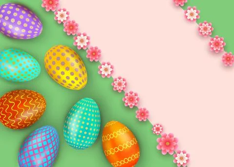 Happy Easter abstract background with realistic colorful eggs. Greeting card. Illustrazione stock