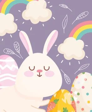 Happy easter adorable rabbit rainbows clouds eggs decoration Illustrazione stock