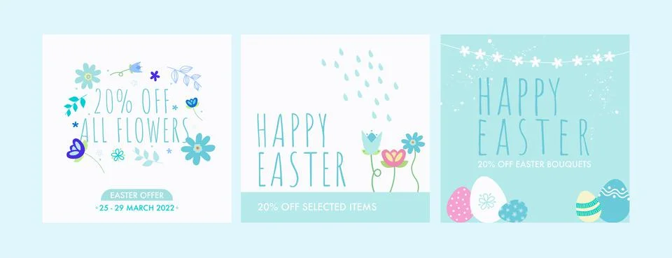 Happy Easter Adverts, Hand Drawn Easter Flowers in Blue and Spring Colours Stock Illustration