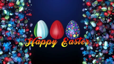 Happy Easter And 3 Patterned Easter Eggs Rotating Amid Falling Easter Eggs  Stock Footage 151364132
