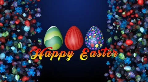 Happy Easter And 3 Patterned Easter Eggs Rotating Amid Falling Easter Eggs  Illustrazione stock