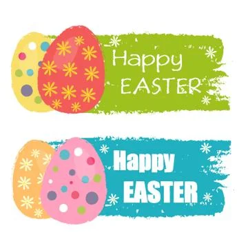 Happy easter and easter eggs with flowers, drawn labels Stock Illustration