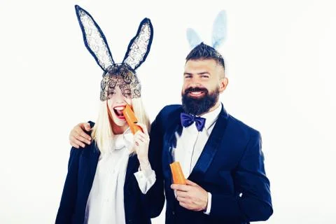 Happy easter and funny easter day. Bunny rabbit ears costume. Funny couple Stock Photos