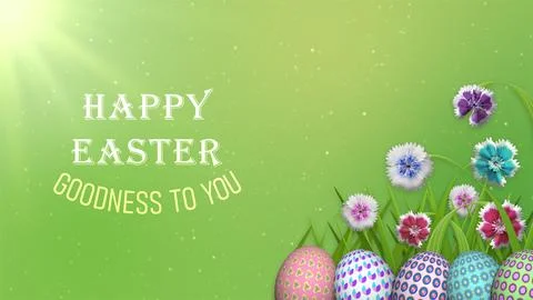 Happy easter and goodness to you greeting on green blur background with ani.. Stock Illustration