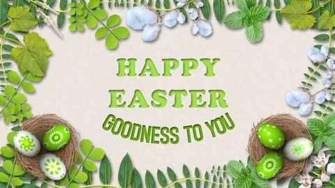 Happy easter and goodness to you greetings covered with wild plants and flo.. Stock Illustration