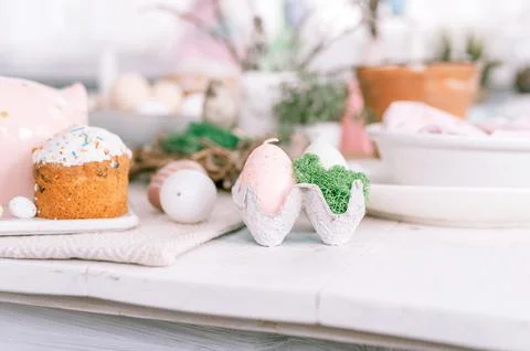 Happy easter and spring holidays time. festive tablescape set decor. traditio Stock Photos