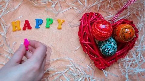 Happy Easter and wicker heart Stock Footage 103852277
