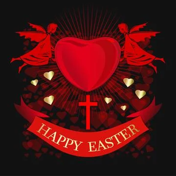 Happy Easter. Angels are holding big red heart. Stock Illustration