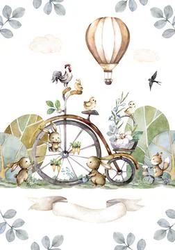 Happy Easter animals bunny and vintage bike with full basket of flowers. Hand Stock Illustration